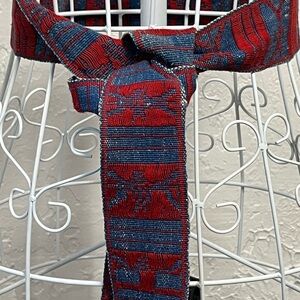 Vintage Red and Denim Blue Women's Tapestry Tie Belt